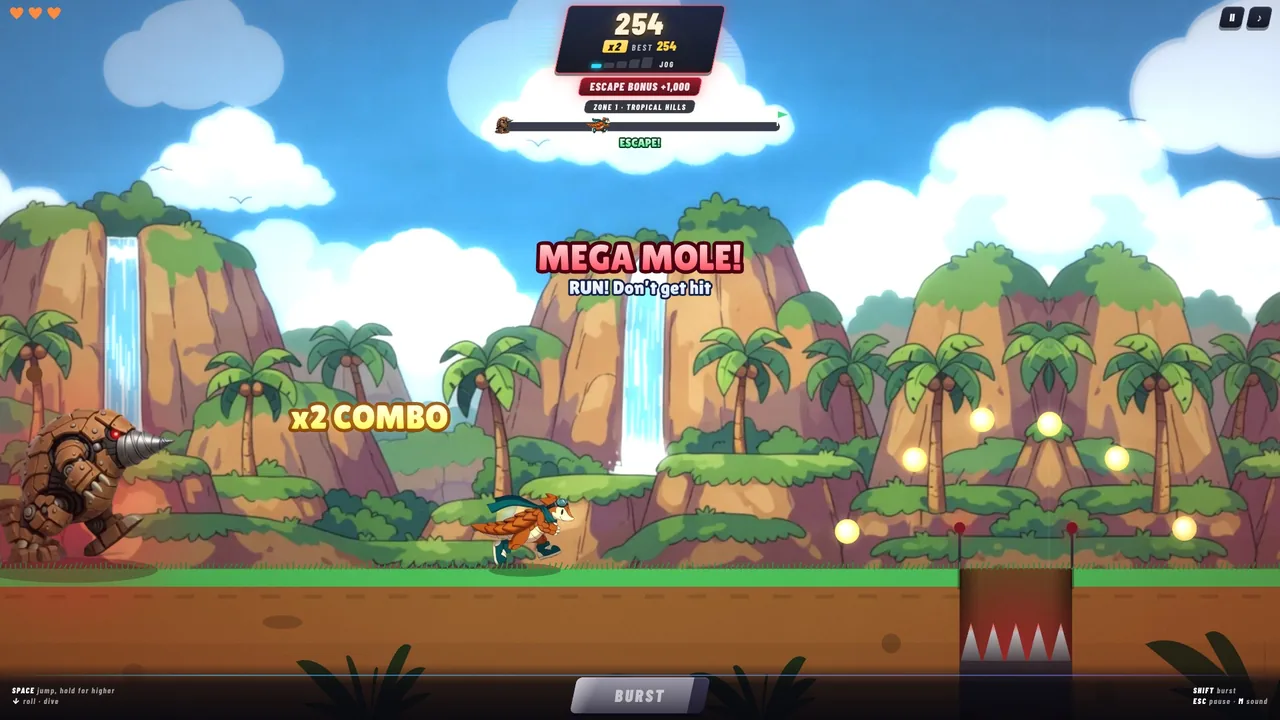 The Mega Mole erupts out of the ground behind Zeph in the Tropical Hills