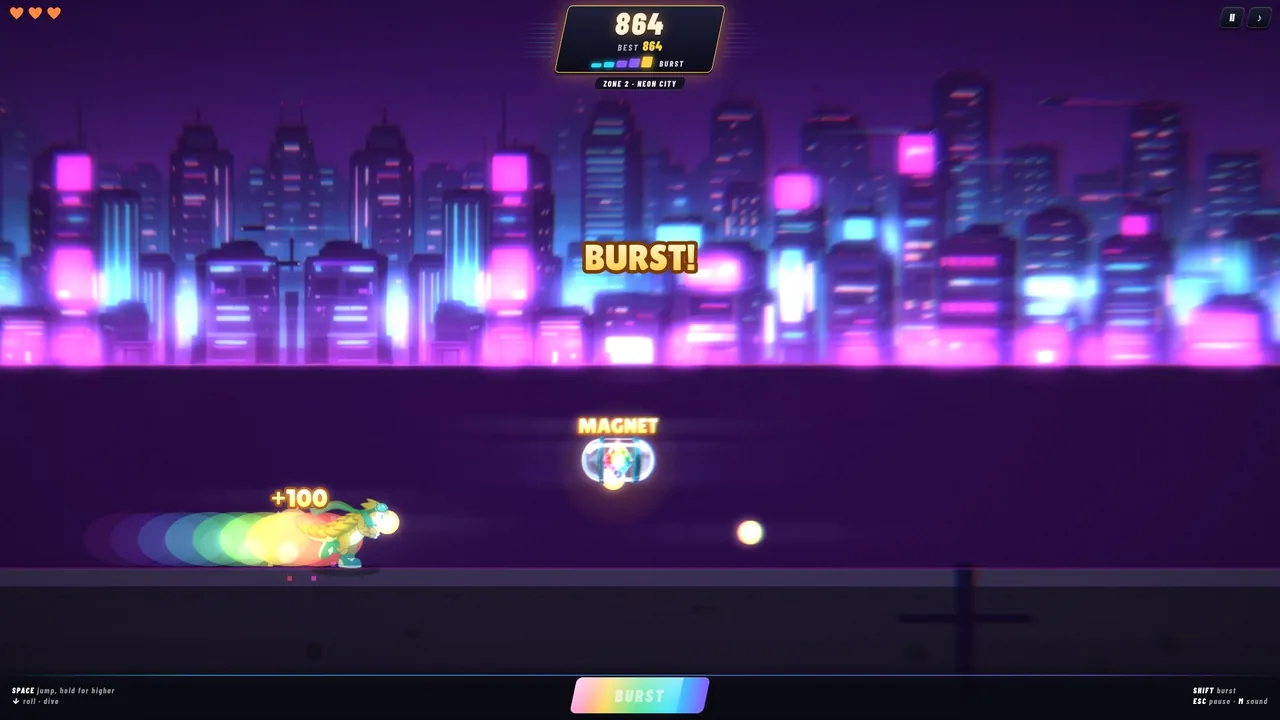 Zeph in a rainbow BURST, smashing through a robot in Neon City