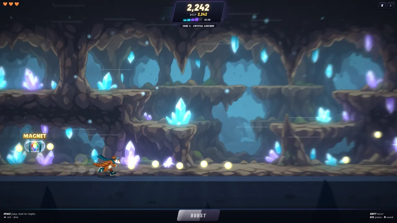 Zeph running past glowing crystals in the Crystal Caverns