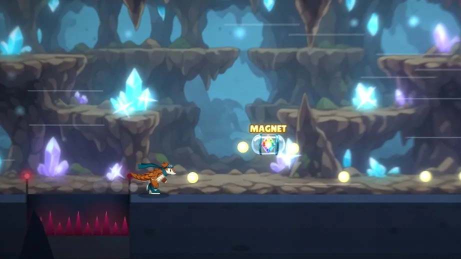 Zeph running past glowing blue and violet crystals in the Crystal Caverns