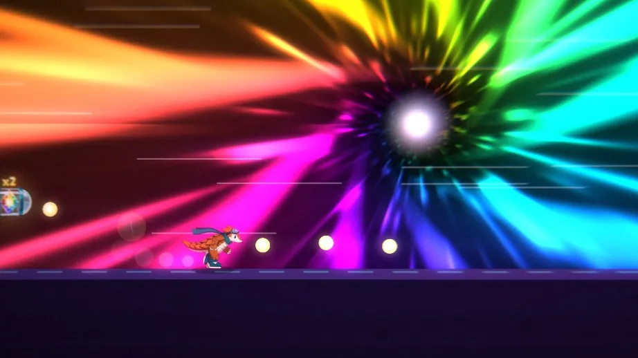 Zeph racing toward the rainbow vortex of the Warp Tunnel